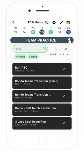 Team Practice, AI Workouts, Matches in Calendar